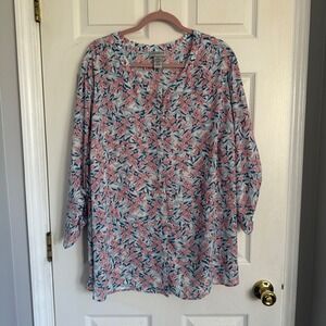 Catherines Womens 3X 26/28W Romantic Floral Roll Tab Sleeve Tunic Pink Blue